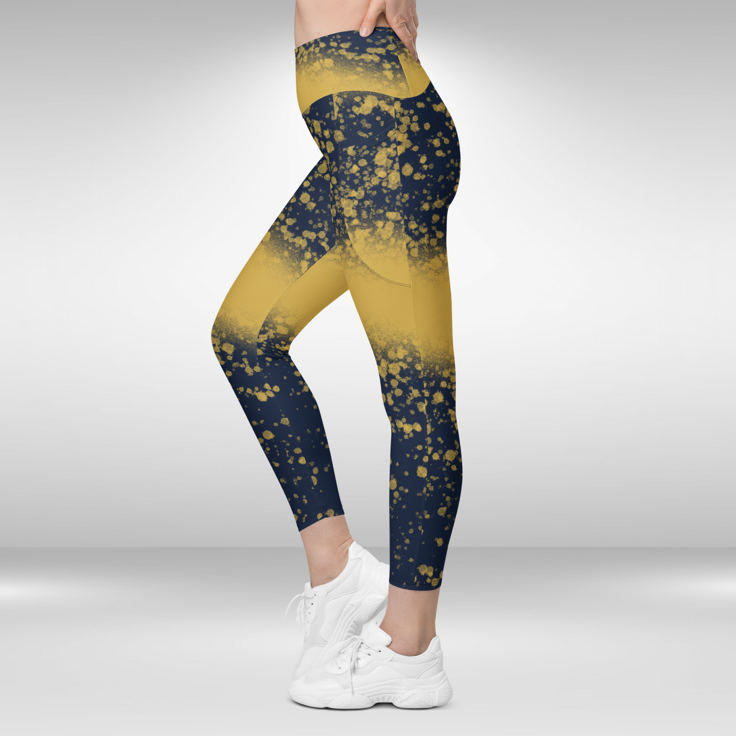 Women Gym Legging With Pockets - Abstract Gold Print