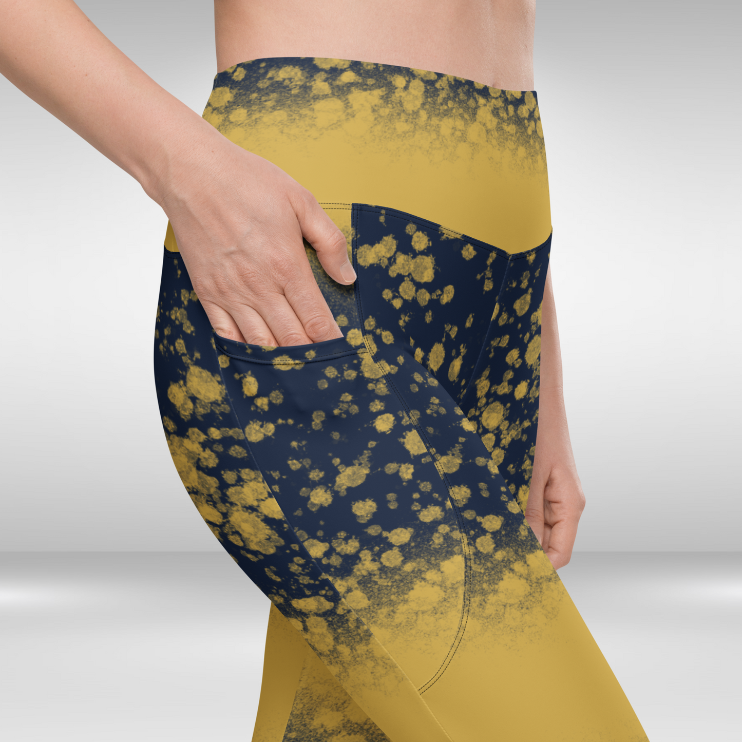 Women Gym Legging With Pockets - Abstract Gold Print