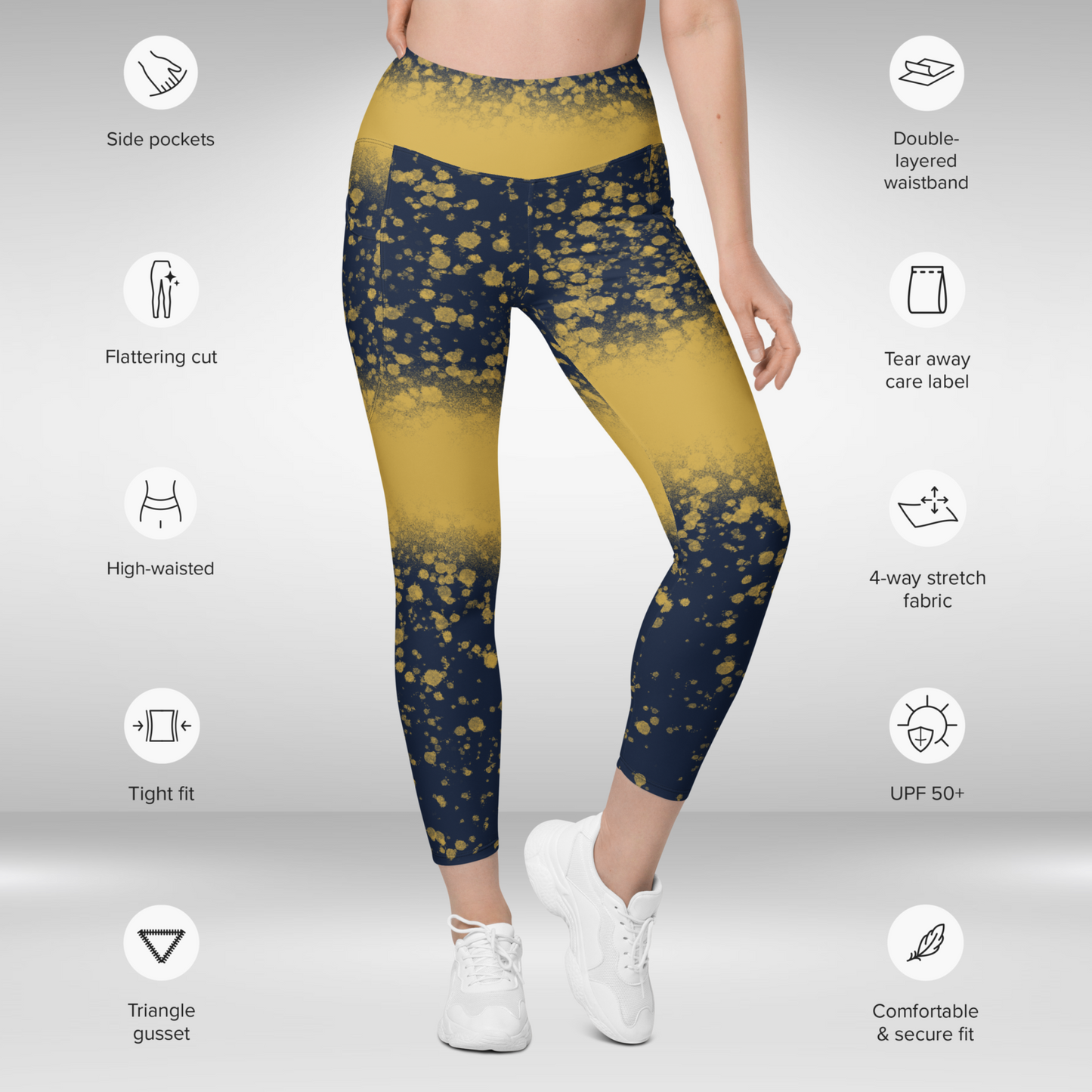 Women Gym Legging With Pockets - Abstract Gold Print