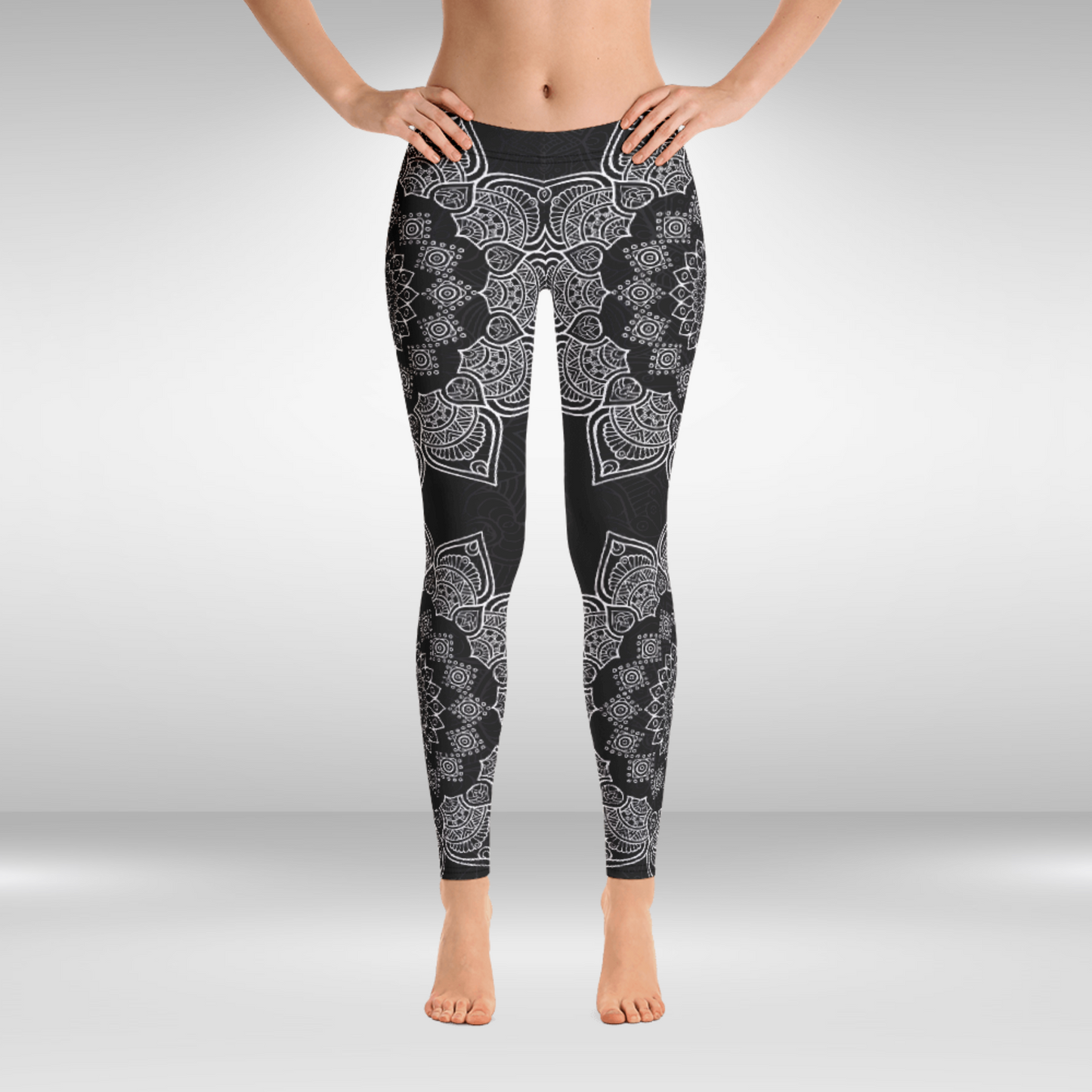 Women Gym Legging - Black and White Mandala Print