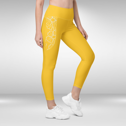 Women Legging With Pockets - Sunburst Yellow Floral Print