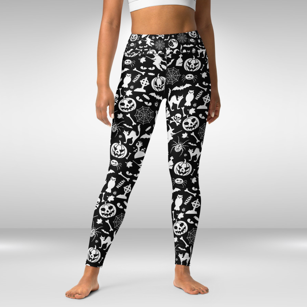 Women Yoga Legging - Black and White Halloween Spooky Print