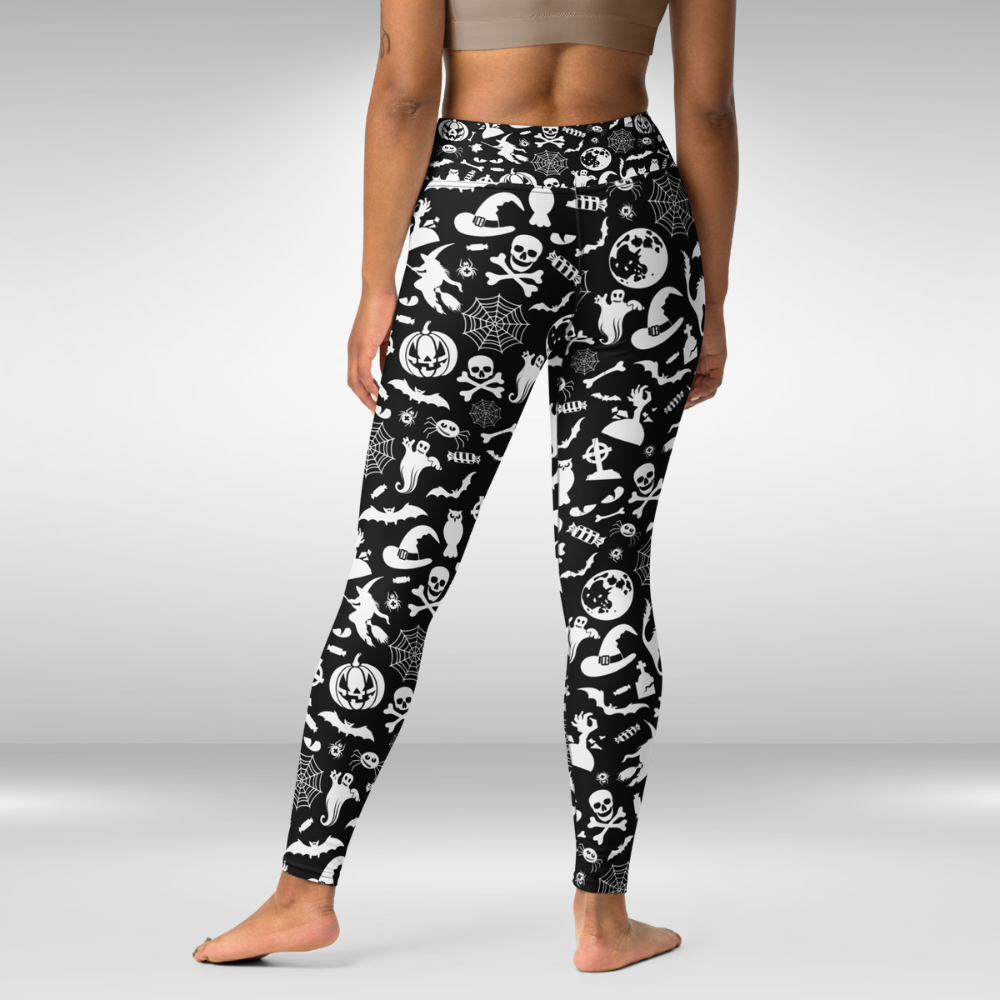 Women Yoga Legging - Black and White Halloween Spooky Print