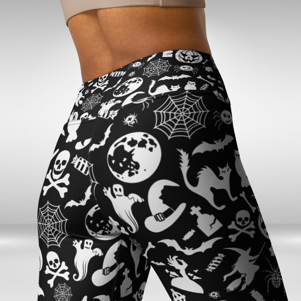 Women Yoga Legging - Black and White Halloween Spooky Print