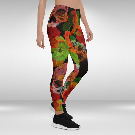 Women Gym Legging - Black and Red Floral Skull Print