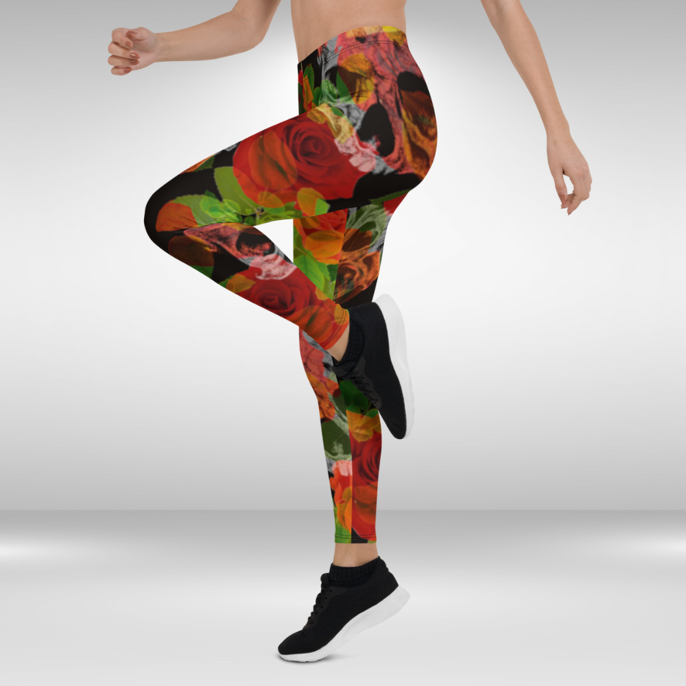 Women Gym Legging - Black and Red Floral Skull Print