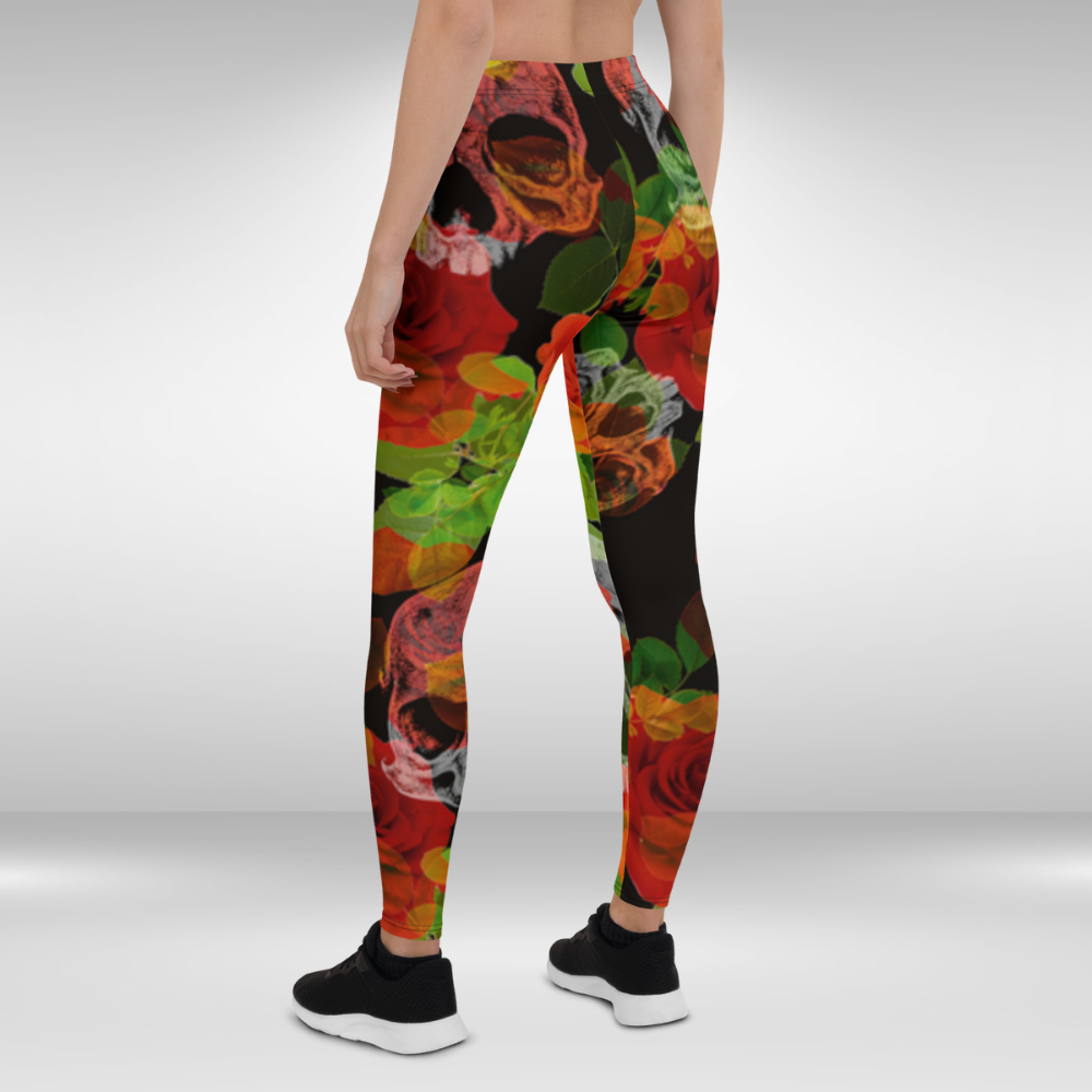 Women Gym Legging - Black and Red Floral Skull Print