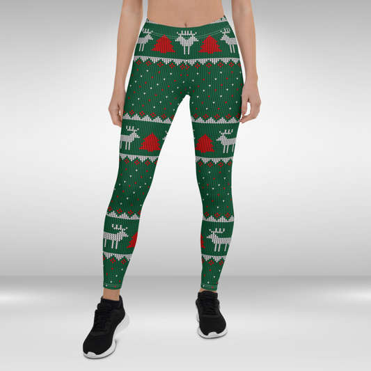 Women Gym Legging - Green Red Christmas Reindeer Print