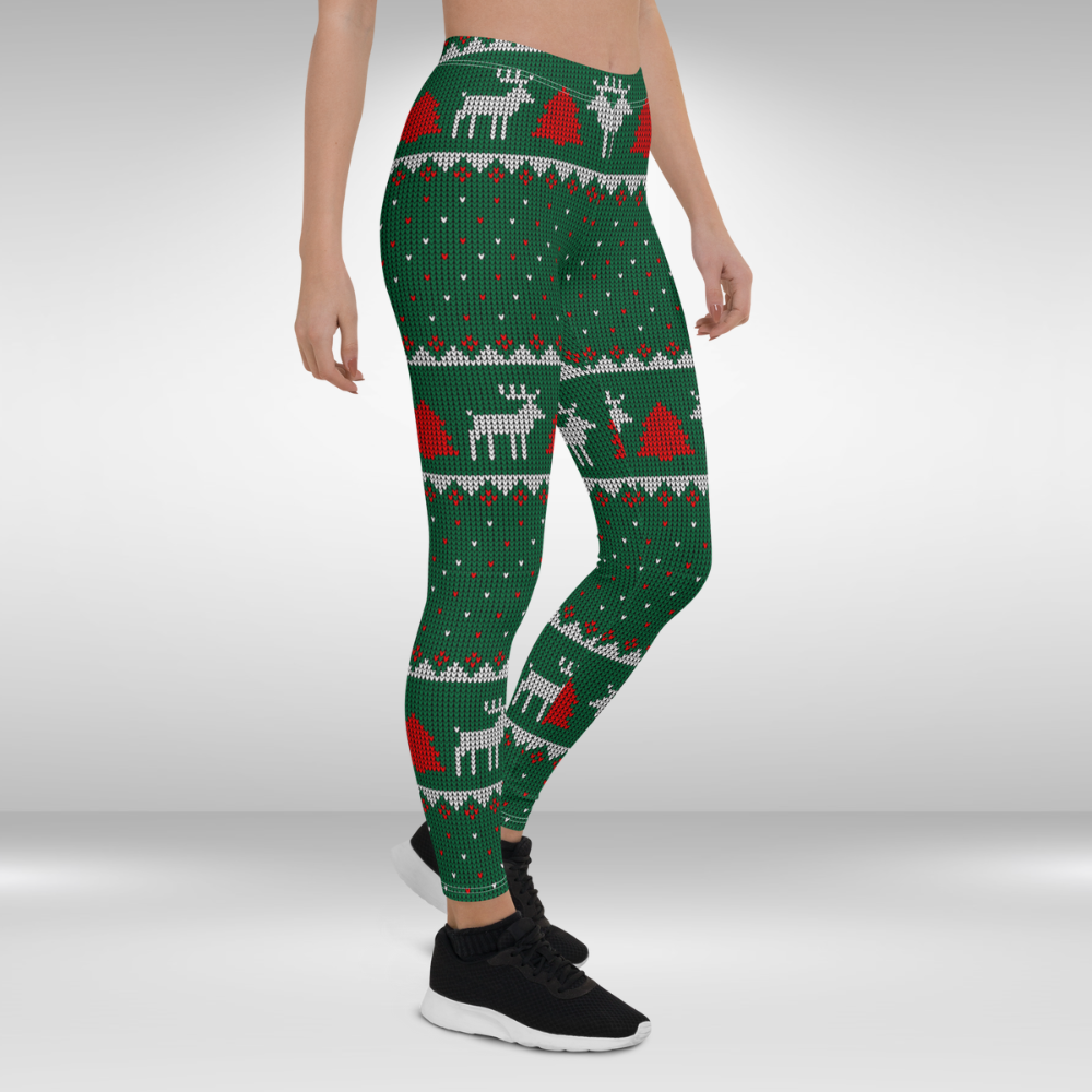 Women Gym Legging - Green Red Christmas Reindeer Print