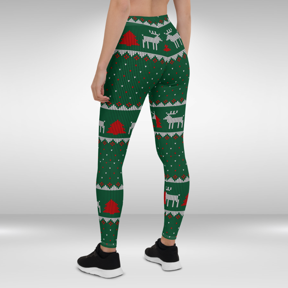 Women Gym Legging - Green Red Christmas Reindeer Print