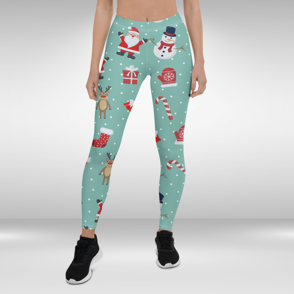 Women Gym Legging - Light Green Red Christmas Print