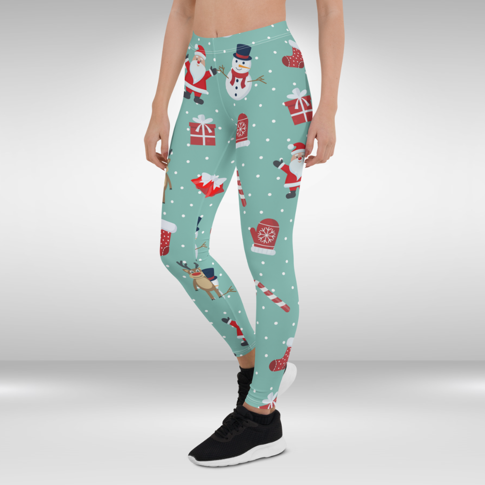 Women Gym Legging - Light Green Red Christmas Print