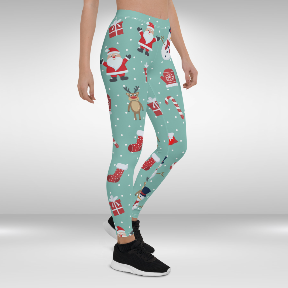 Women Gym Legging - Light Green Red Christmas Print