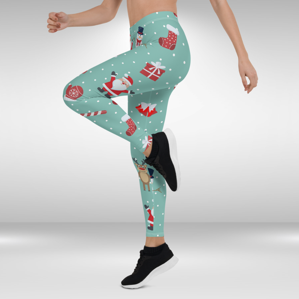 Women Gym Legging - Light Green Red Christmas Print