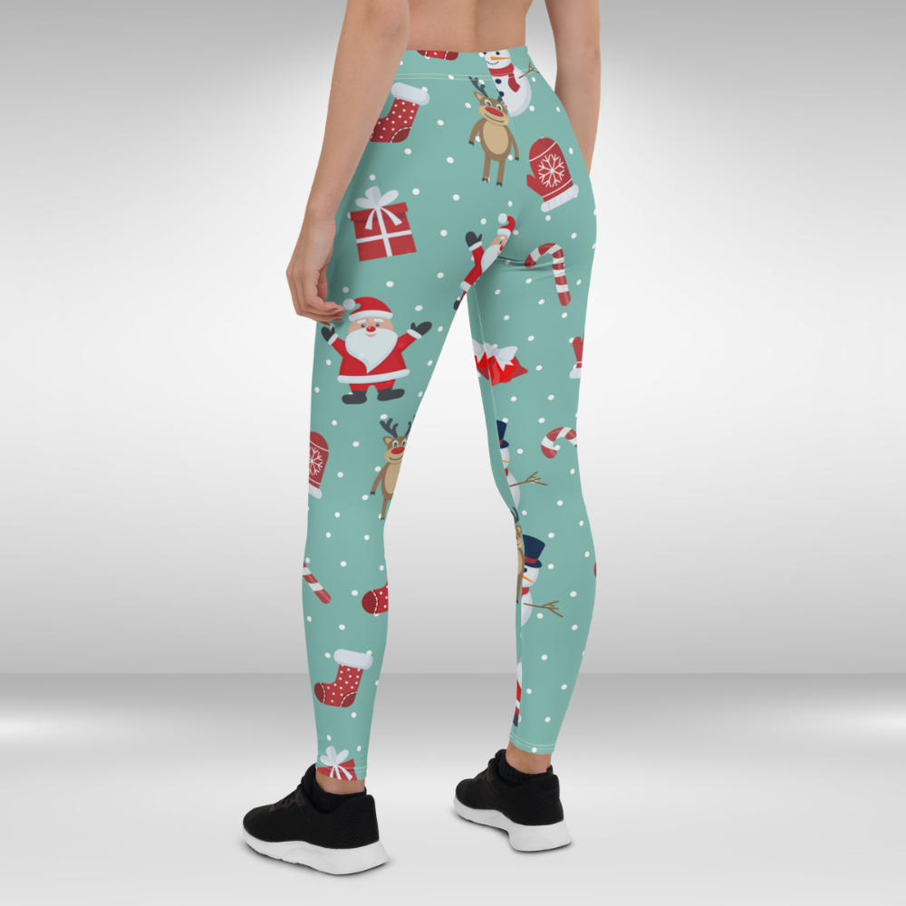 Women Gym Legging - Light Green Red Christmas Print