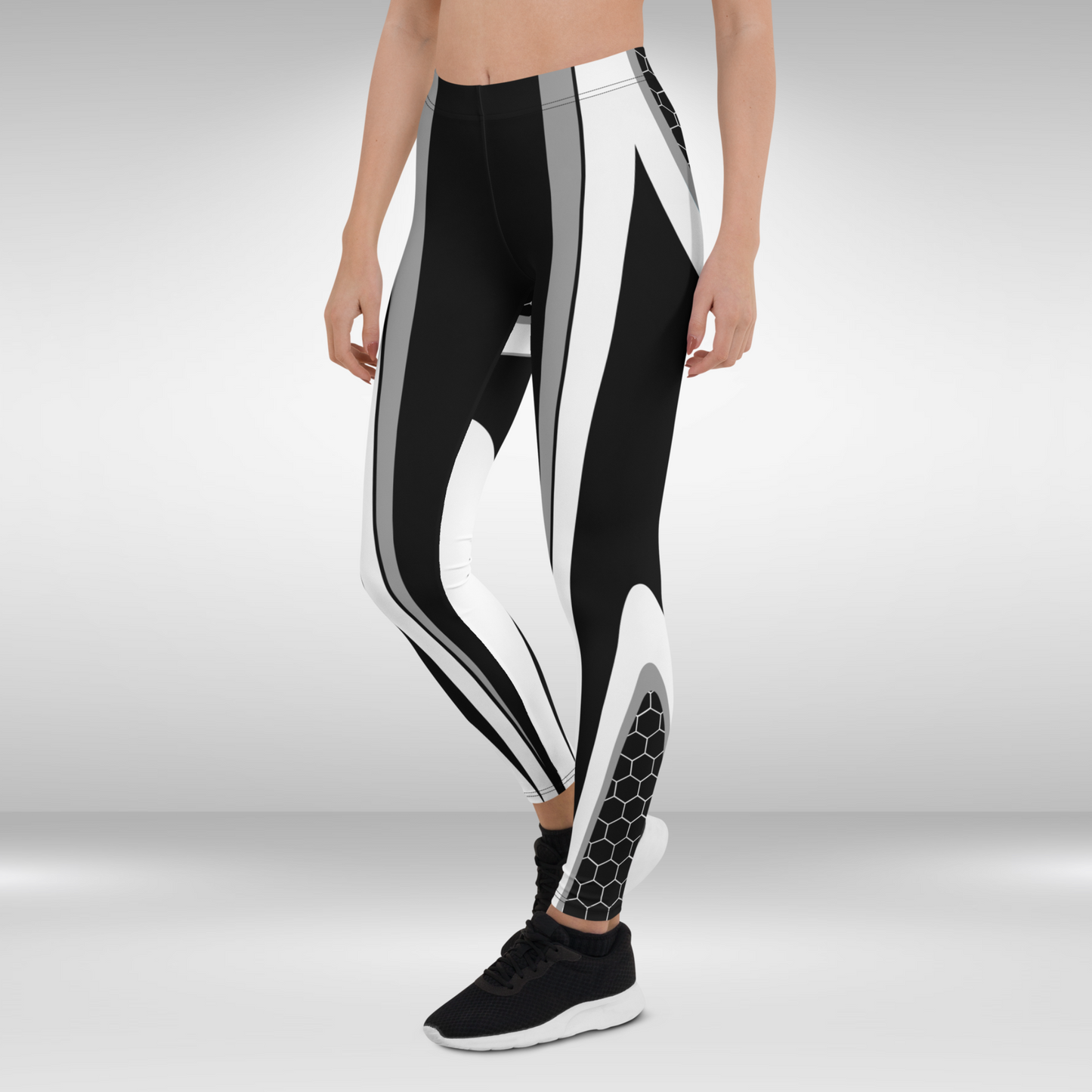 Women Gym Legging - Black and White Honeycomb Print