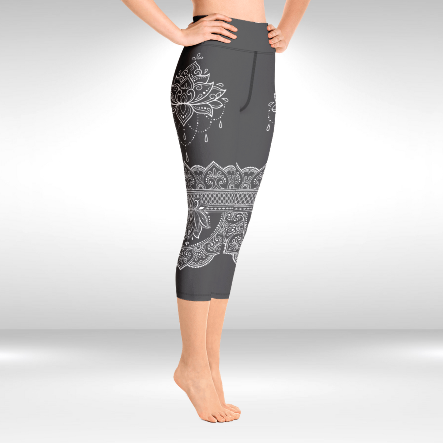 Women Capri Legging - Grey and White Lotus Print