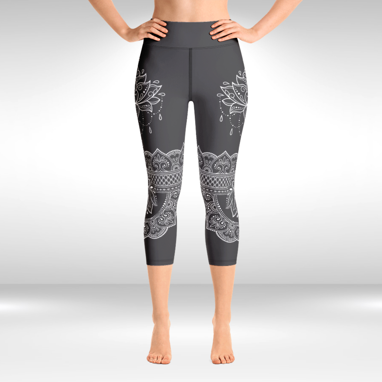 Women Capri Legging - Grey and White Lotus Print