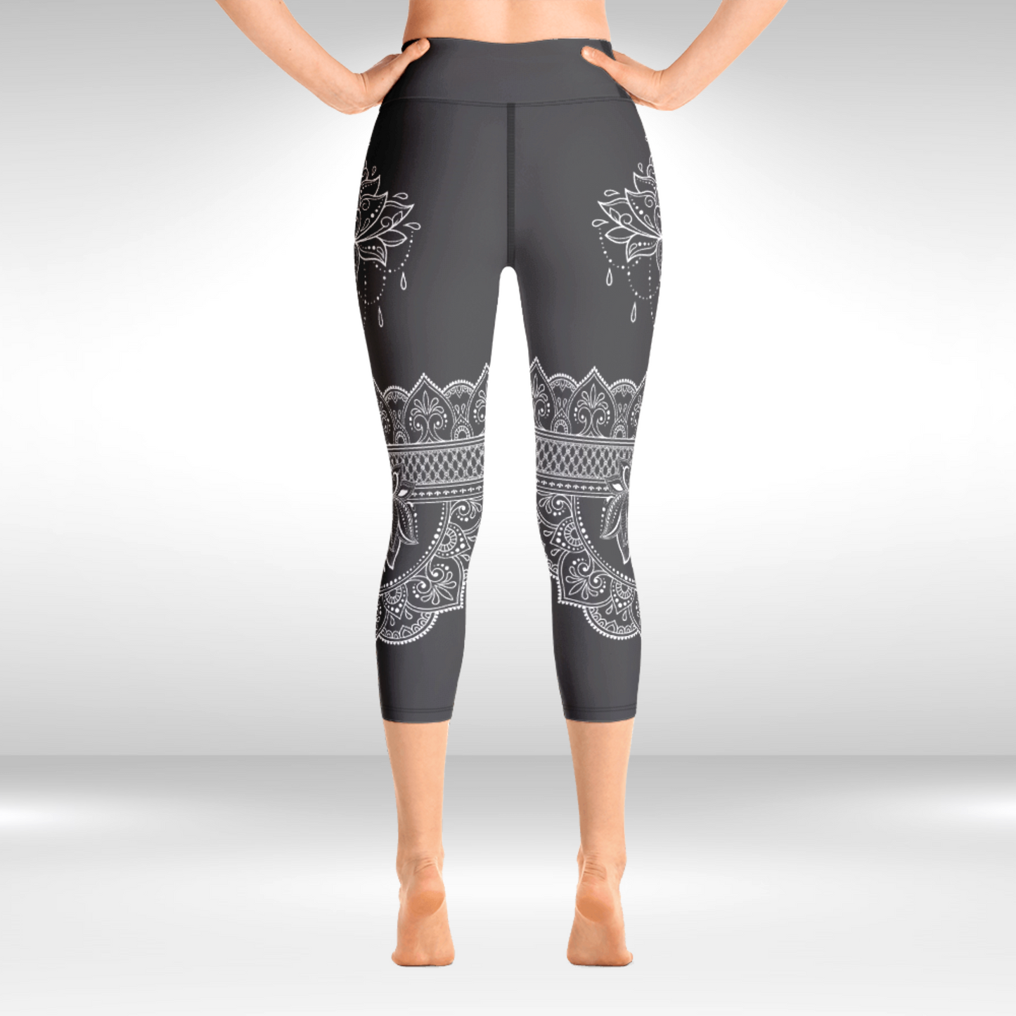 Women Capri Legging - Grey and White Lotus Print