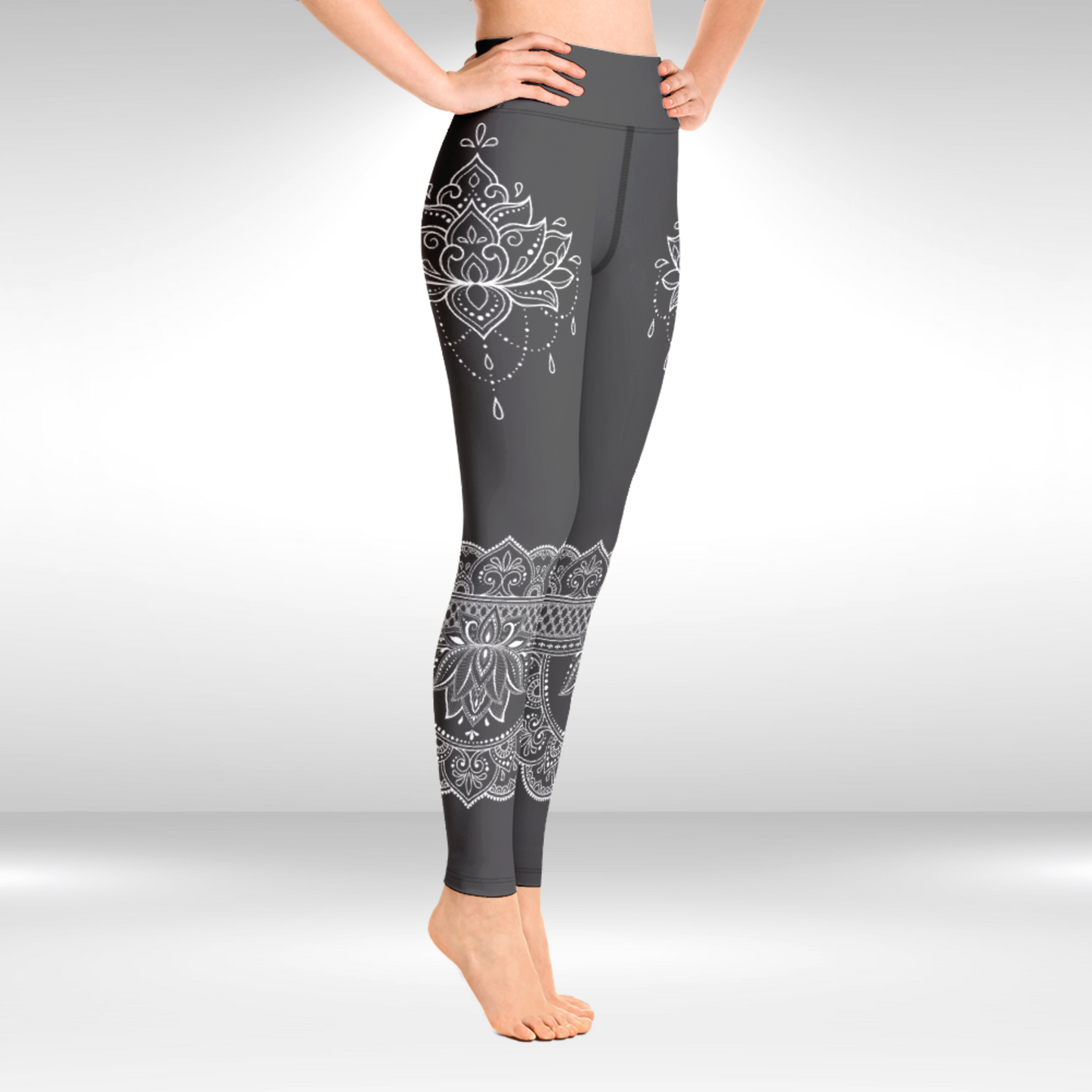 Women Capri Legging - Grey and White Lotus Print