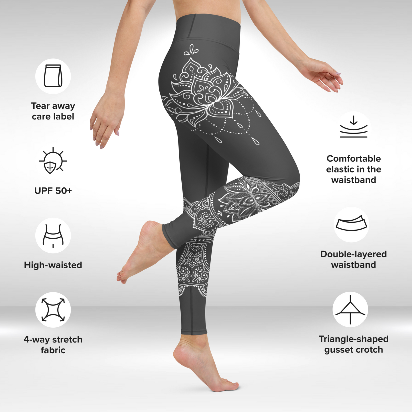 Women Capri Legging - Grey and White Lotus Print