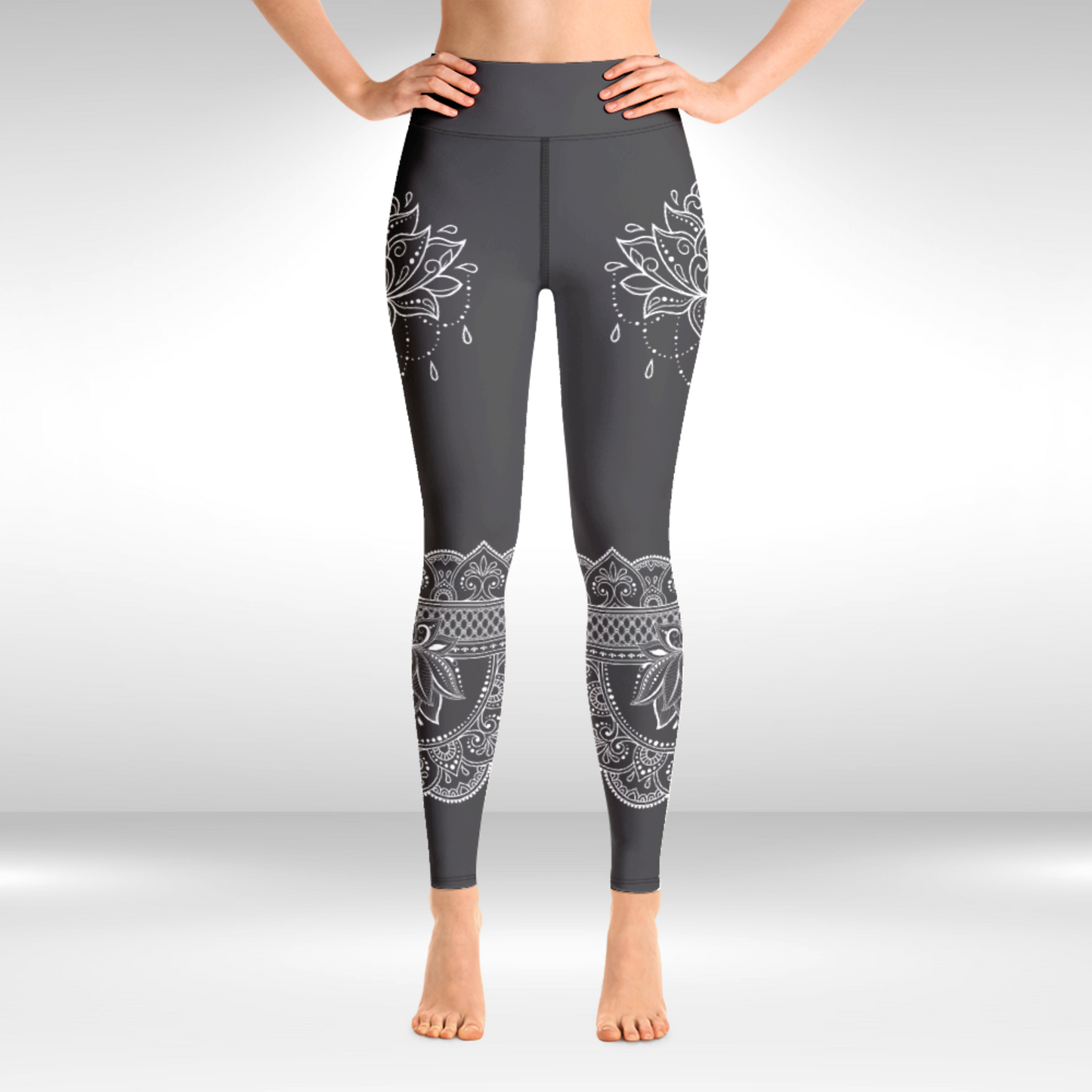 Women Capri Legging - Grey and White Lotus Print