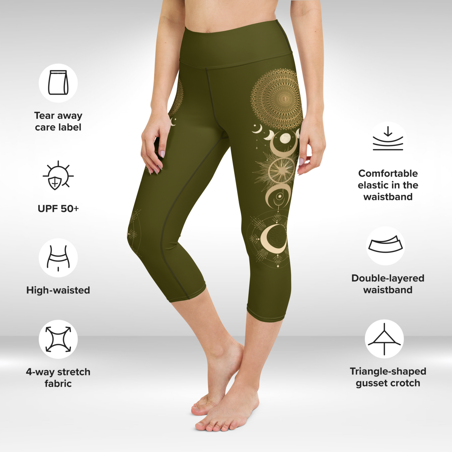 Women Capri Legging - Henna and Gold Moon Mandala Print