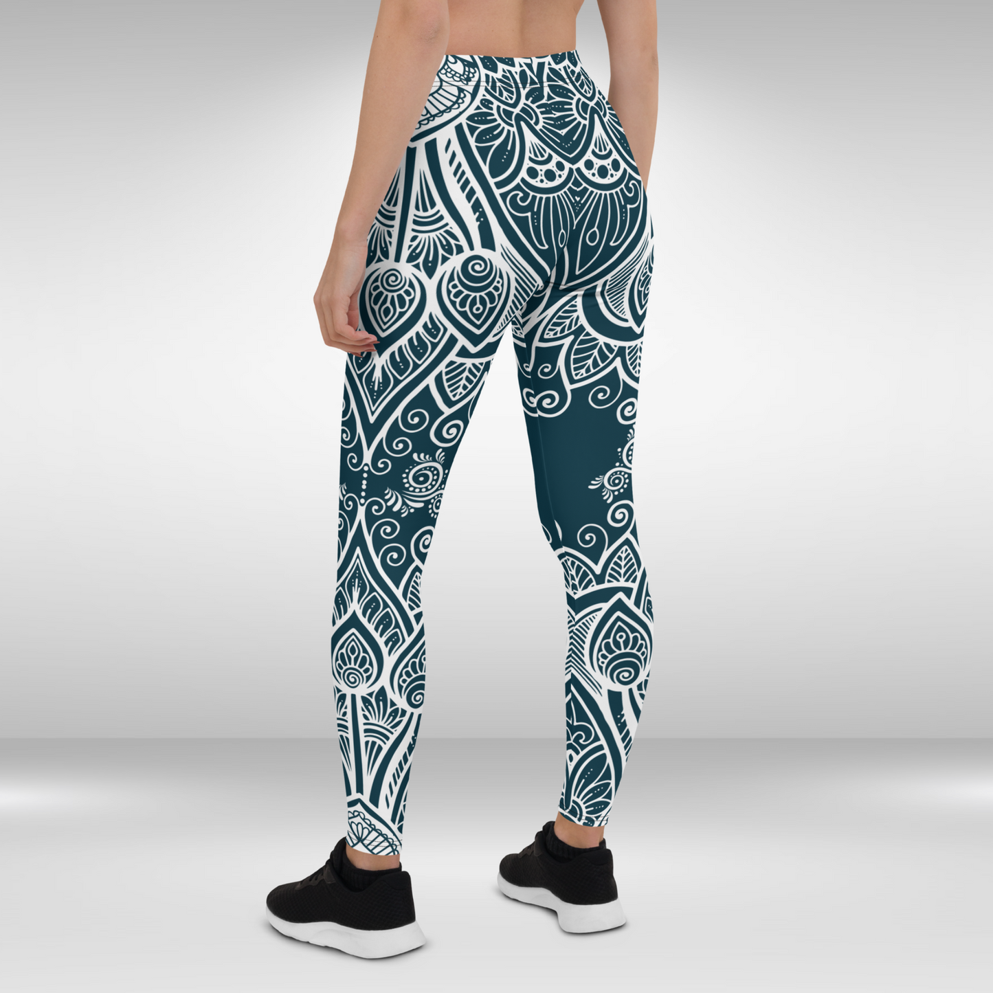 Women Gym Legging - White and Green Peacock Feather Mandala Print