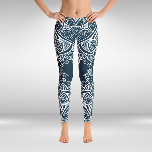 Women Gym Legging - White and Green Peacock Feather Mandala Print