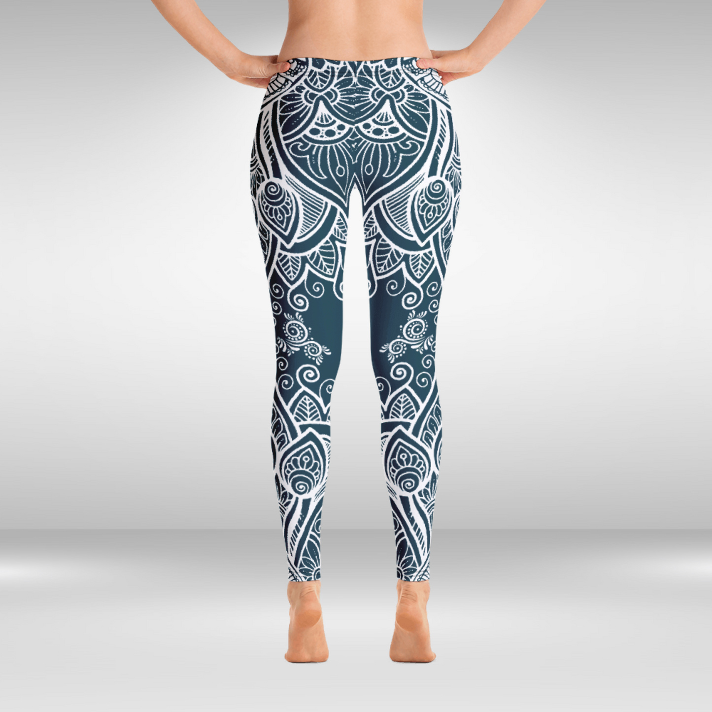 Women Gym Legging - White and Green Peacock Feather Mandala Print