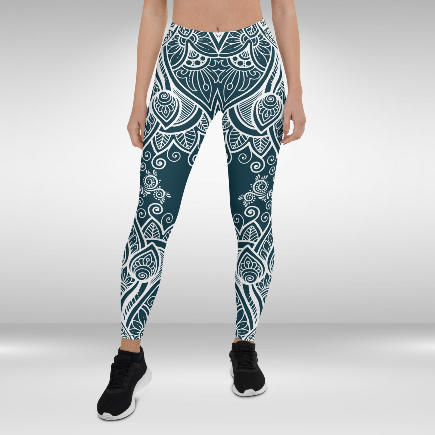 Women Gym Legging - White and Green Peacock Feather Mandala Print