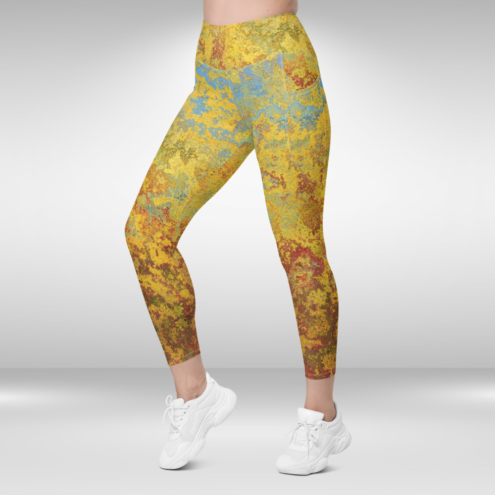 Women Gym Legging With Pockets - Rustic Gold Abstract Print