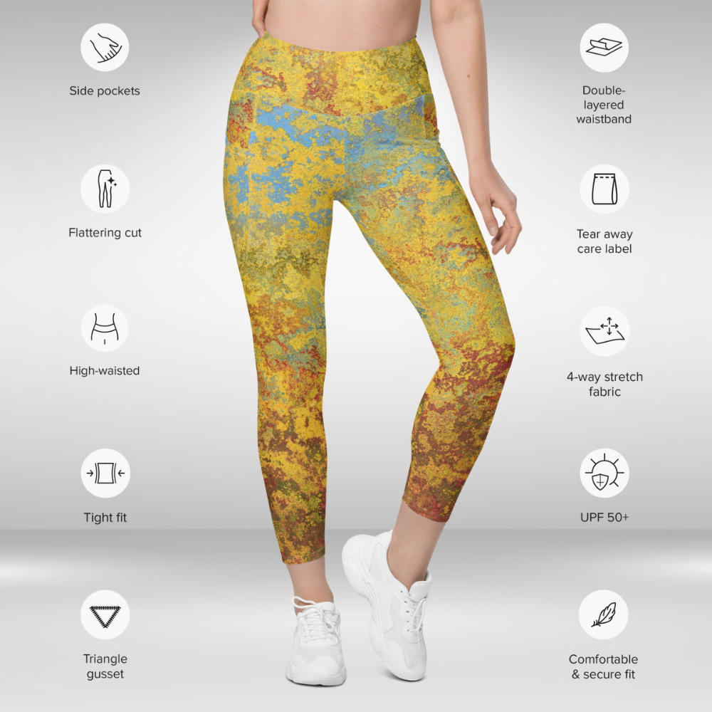 Women Gym Legging With Pockets - Rustic Gold Abstract Print