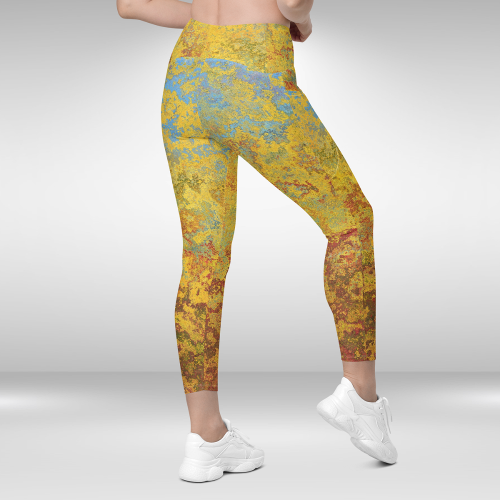 Women Gym Legging With Pockets - Rustic Gold Abstract Print