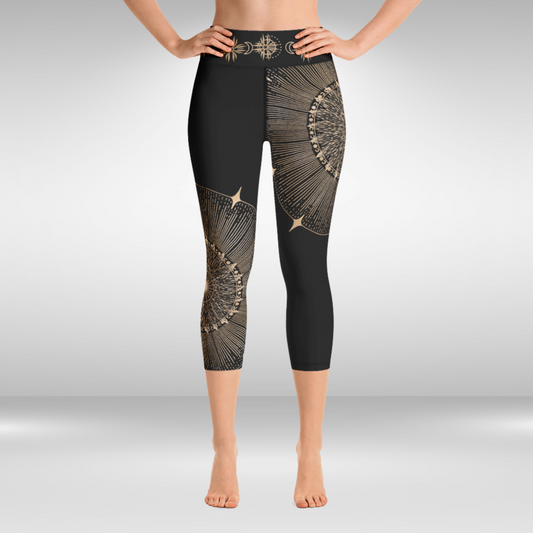 Women Capri Legging - Gold Sun Mandala Print