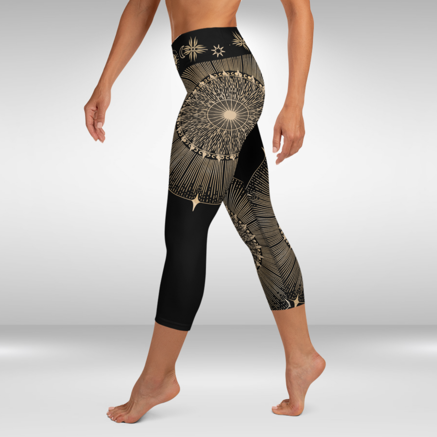 Women Capri Legging - Gold Sun Mandala Print