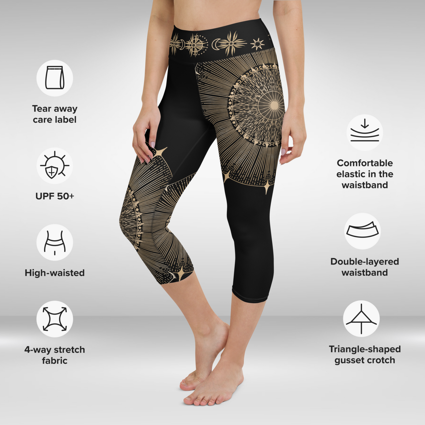 Women Capri Legging - Gold Sun Mandala Print