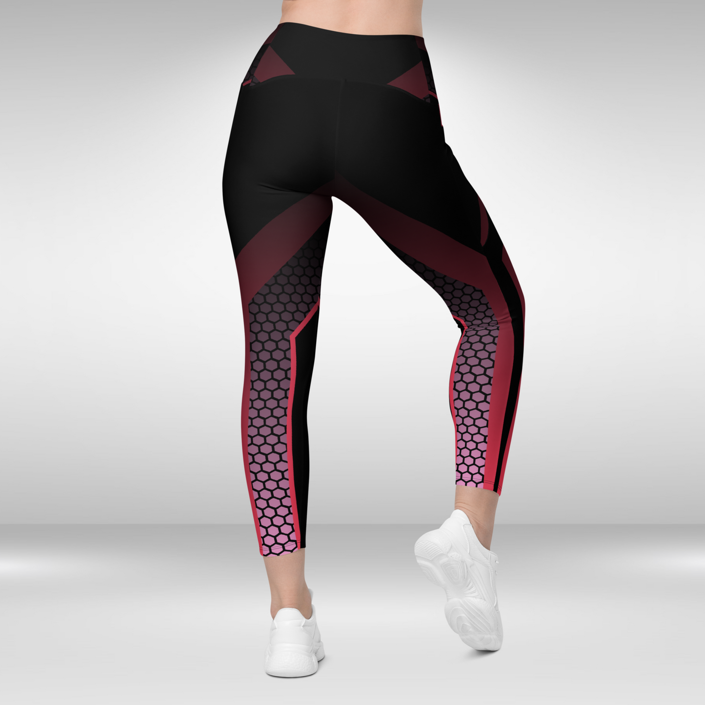 Women Gym Legging With Pockets - Black Geometric Print