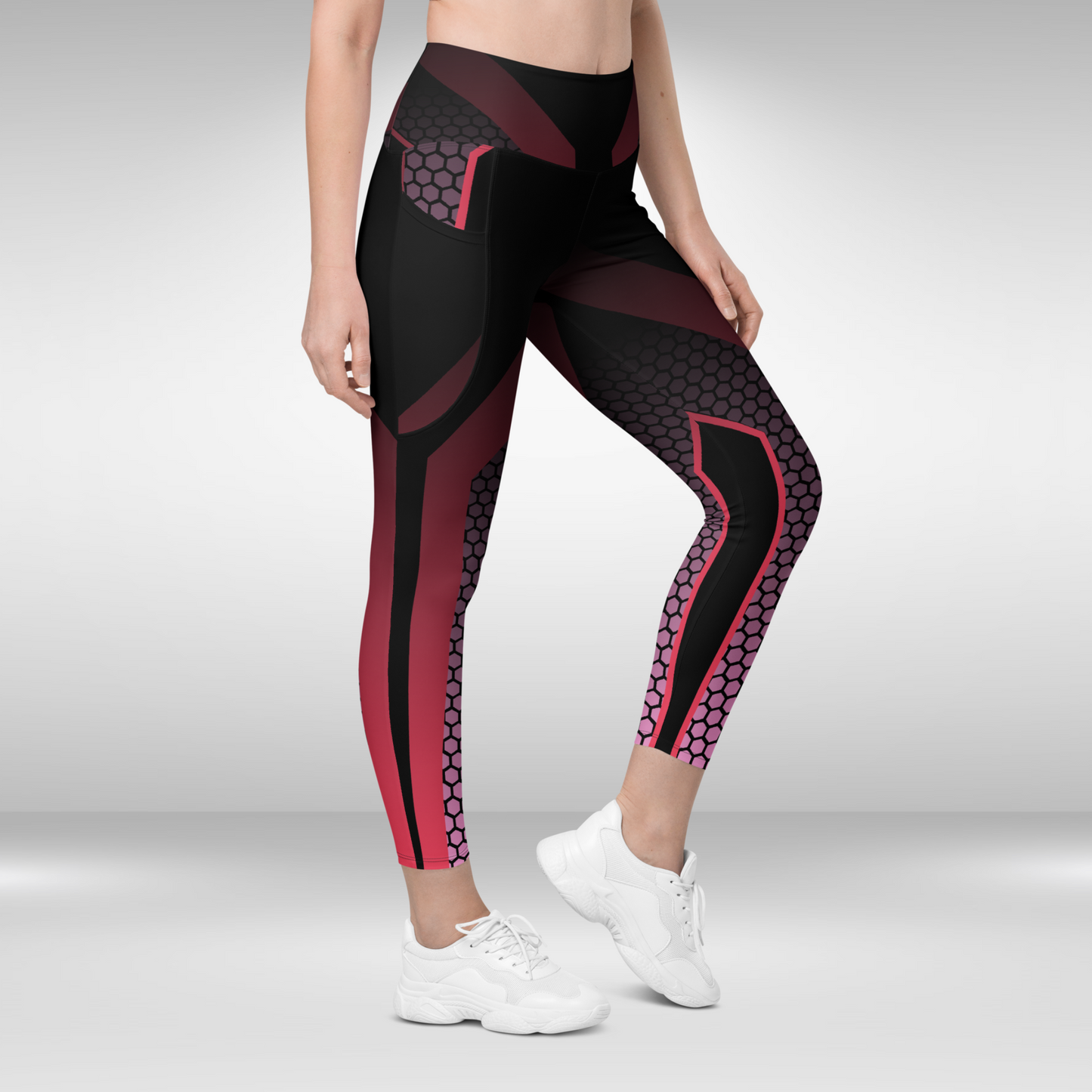 Women Gym Legging With Pockets - Black Geometric Print