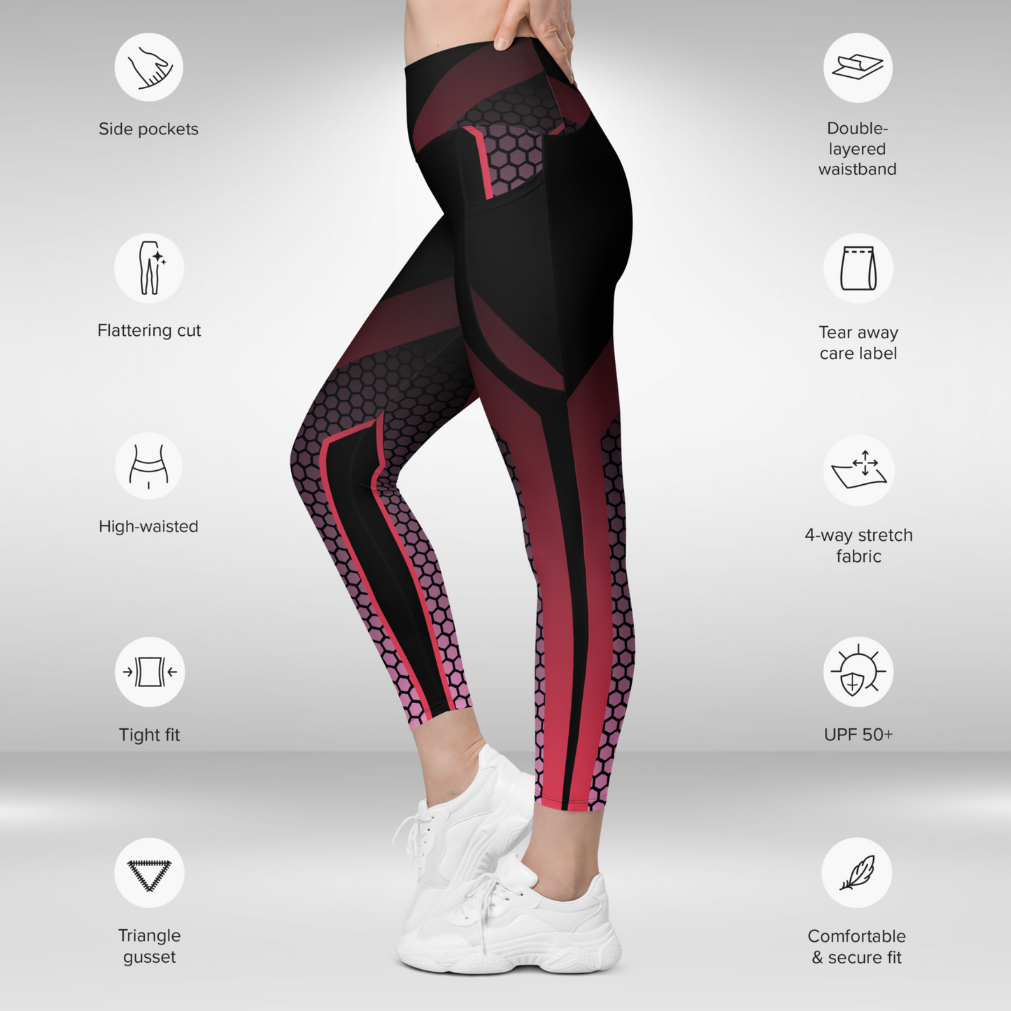 Women Gym Legging With Pockets - Black Geometric Print