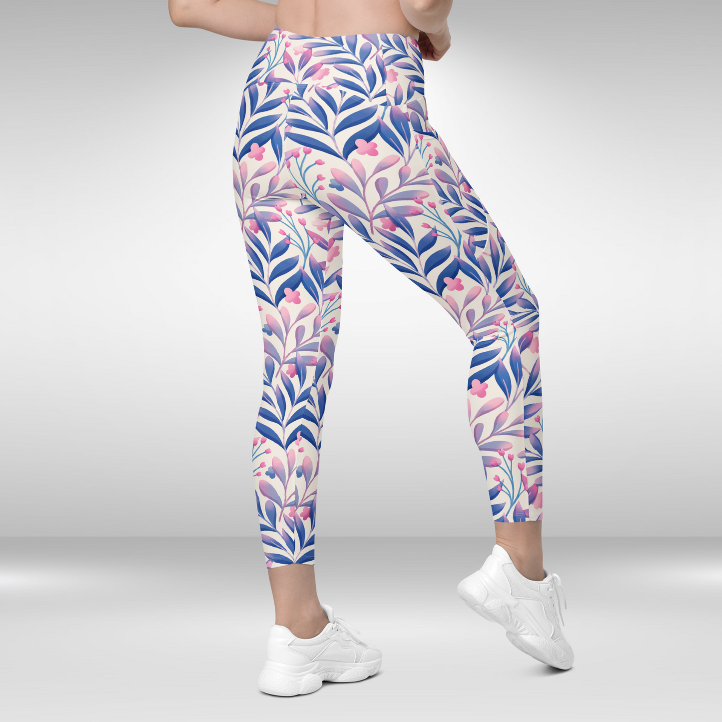 Women Gym Legging With Pockets - Blue Tropical Floral Print