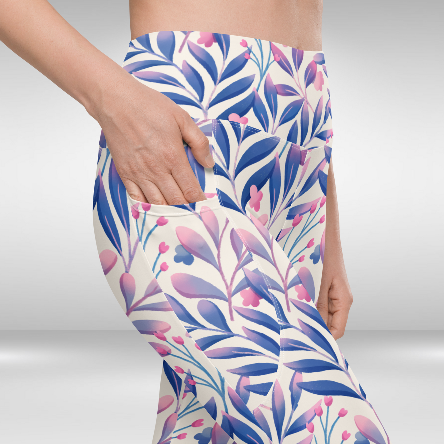 Women Gym Legging With Pockets - Blue Tropical Floral Print