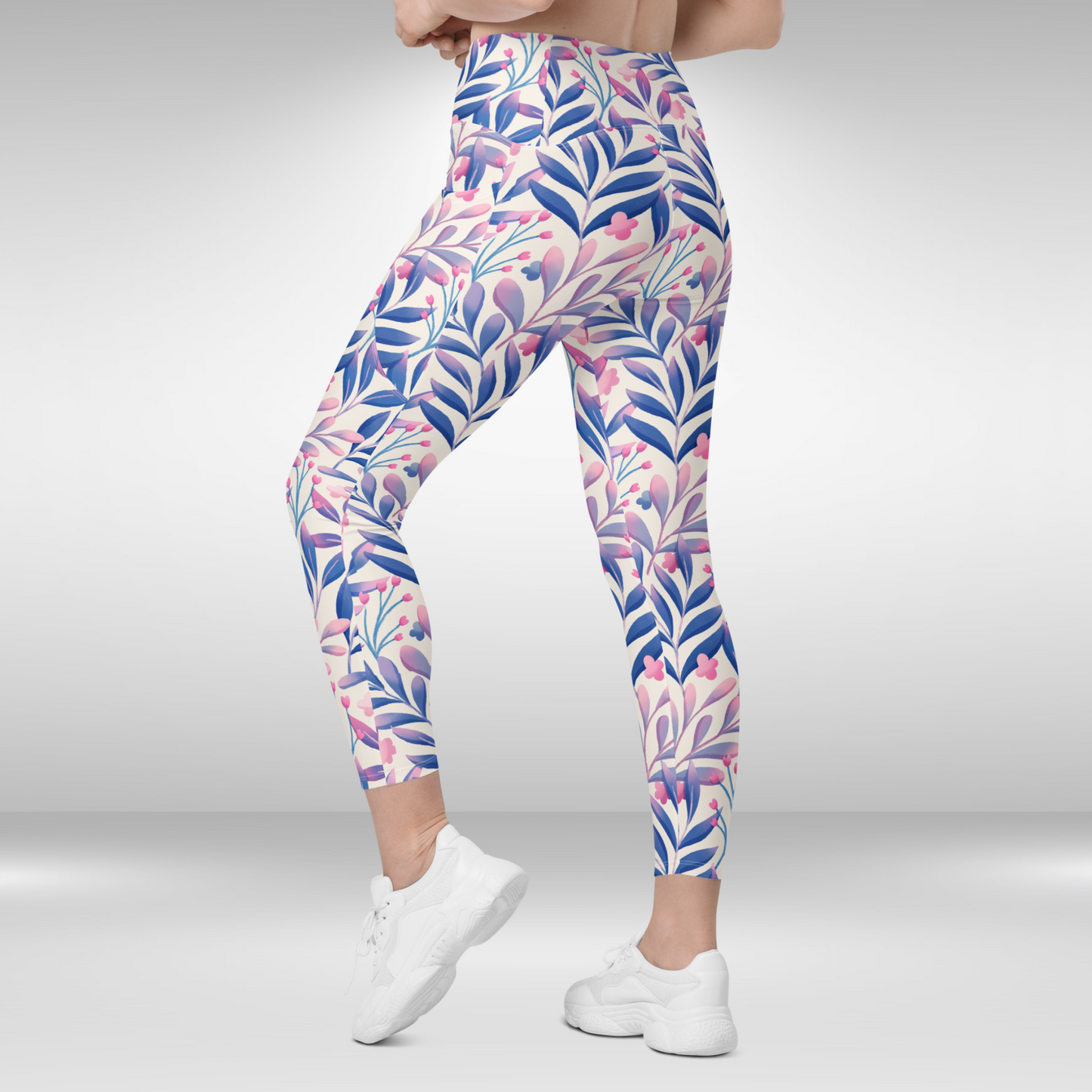 Women Gym Legging With Pockets - Blue Tropical Floral Print