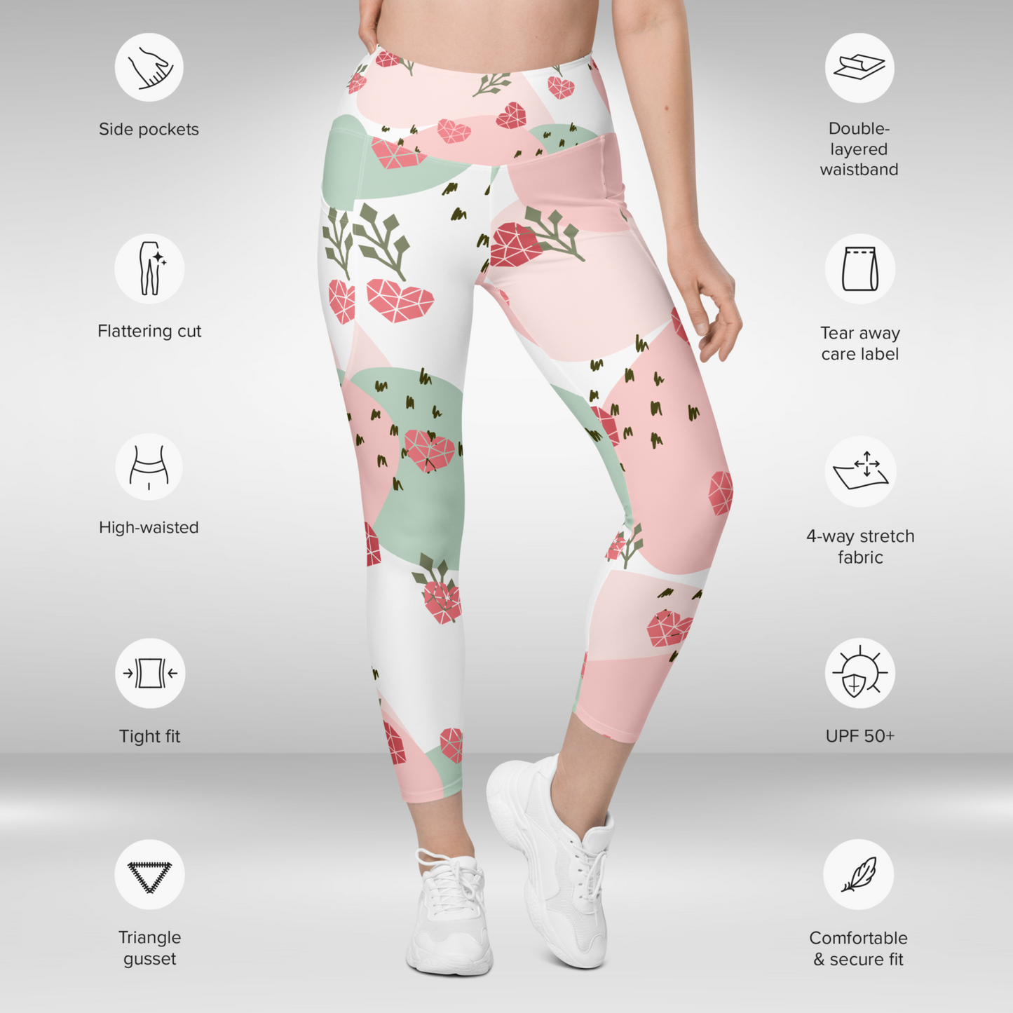 Women Gym Legging With Pockets - Pink Valentines Heart Print