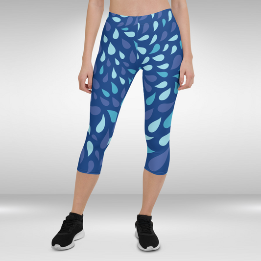 Women Capri Legging - Blue Water Drops Print