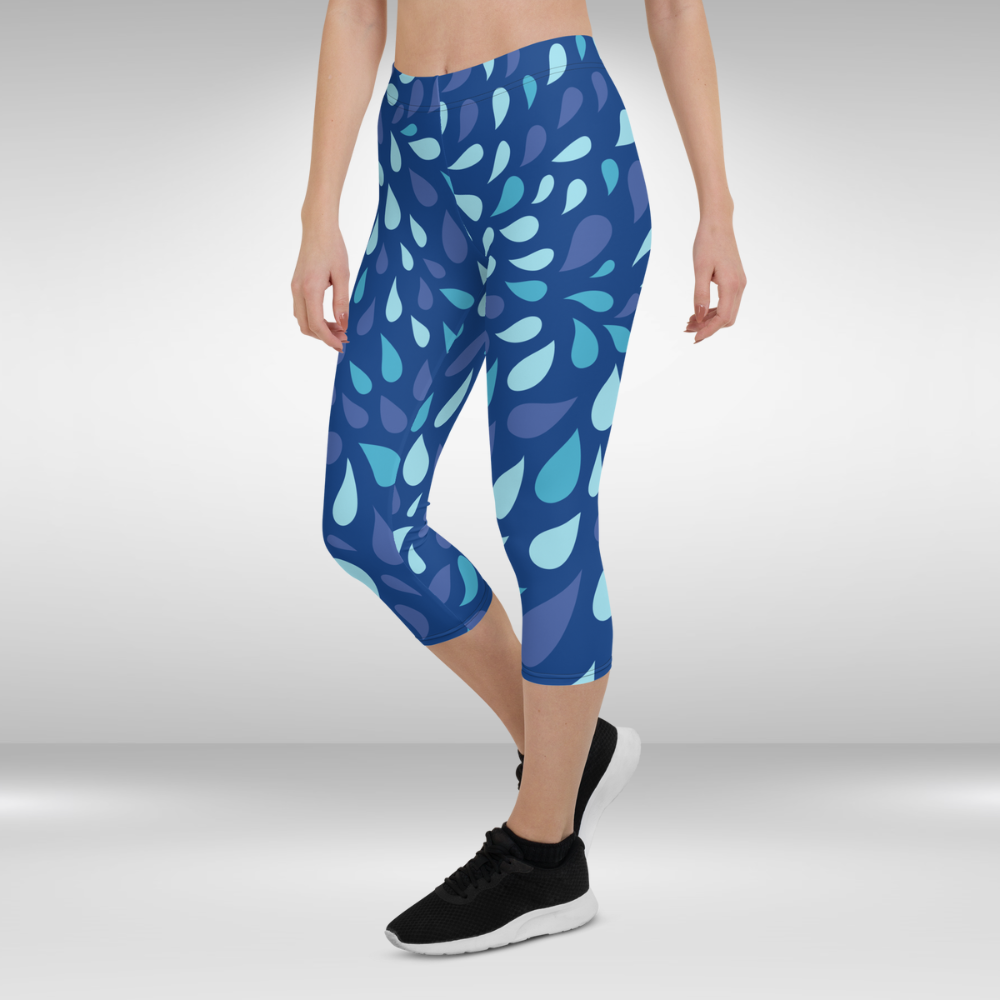 Women Capri Legging - Blue Water Drops Print