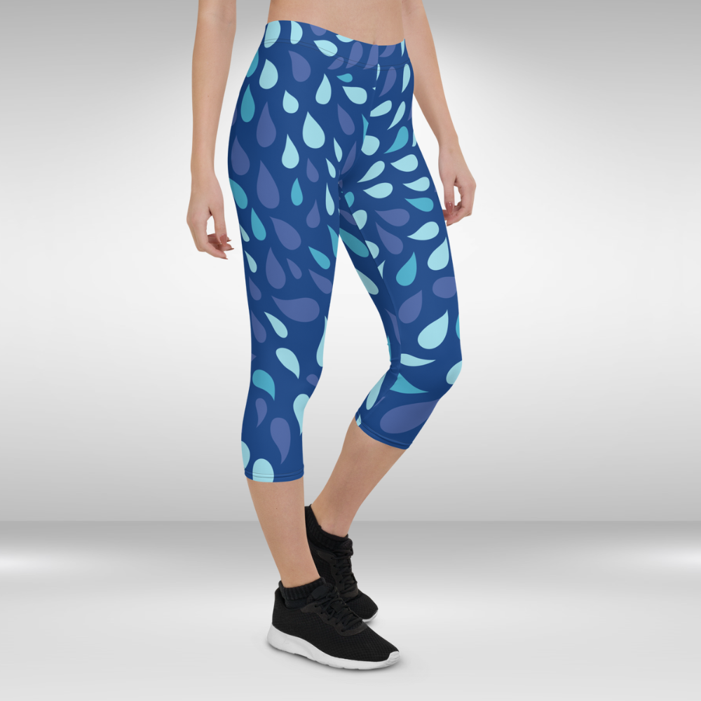 Women Capri Legging - Blue Water Drops Print