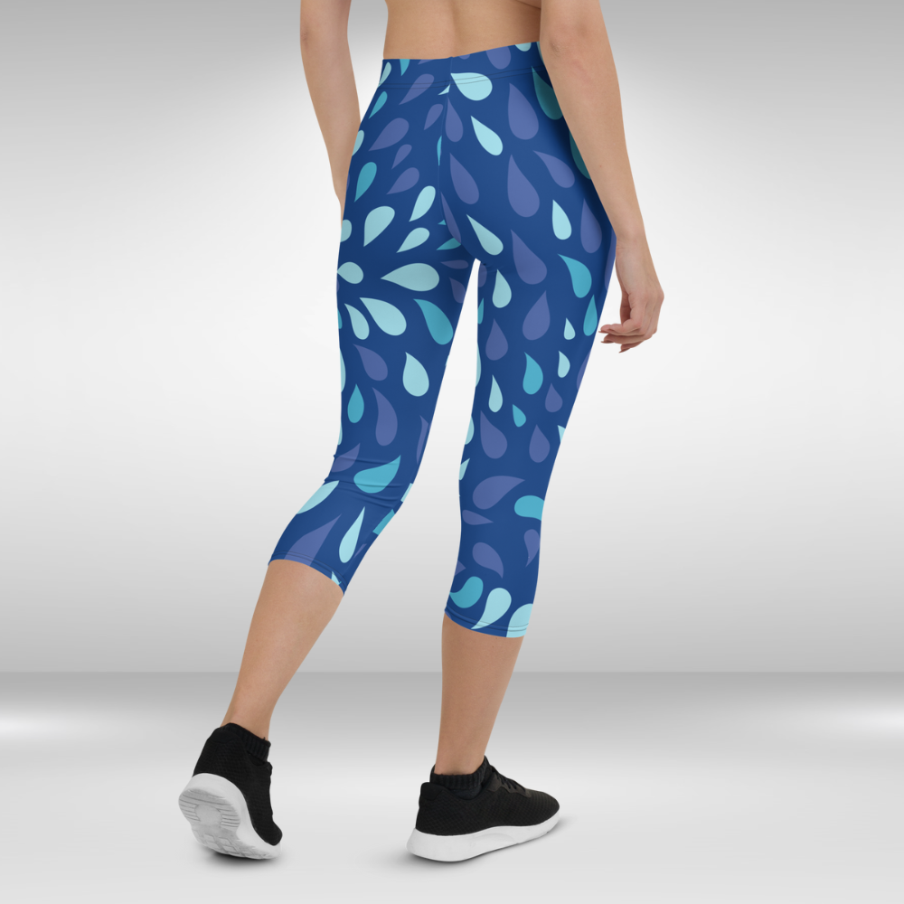 Women Capri Legging - Blue Water Drops Print