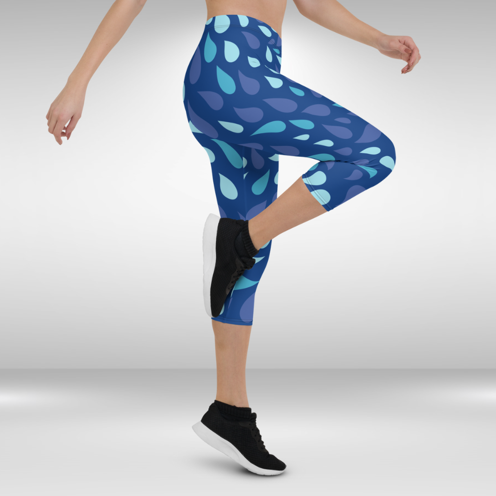 Women Capri Legging - Blue Water Drops Print