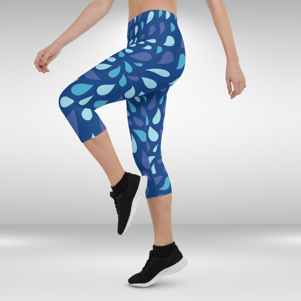 Women Capri Legging - Blue Water Drops Print